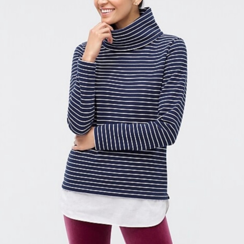 J. Crew Funnelneck Pullover Sweater with Woven Hem in Navy Stripe Women’s Medium
